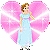 Pixelated figure in light blue dress stands before pink heart-shaped background with white radiating lines.
