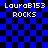 Blue and black checkered background with repeated text 'LauraB153' and 'ROCKS' in white pixelated font, showing animation changes in the right