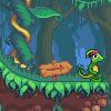 Pixel art scene of a green lizard-like character with pink headband standing on mossy platform beside wooden signpost in forest setting.