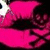 A pink cartoon character with black hair and a skull-and-crossbones symbol on its chest, shown in four
