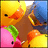 Pixelated cartoon character with brown body, orange beak, green wing, pink lower body; blue background; text 'biffs0:' appears in right