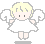 Four pixelated angel figures with blonde hair, white wings, and white dresses against a gray background; each figure has distinct wing positions.