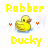 Yellow rubber duck icon with 'Rubber Ducky' text, orange hearts, and blue water background in pixel art style.