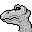 Pixelated dinosaur head in multiple expressions with open mouths showing teeth and red gums, yellow eyes on gray background.