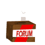 Brown box with red diagonal stripe and white label displaying 'FORUM' in red capital letters, with a hand inserting a document into the slot, animated sequence showing document insertion and smoke effects.