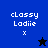 A pixelated icon with 'classy Ladiie' text and an 'x', featuring a black star on blue background in one view, then a blue star on black background in another.