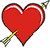 Red heart-shaped icon with black outline and white highlights, pierced by yellow arrow with gray fletching on light gray background.