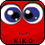 Red square character with large blue eyes and white pupils, smiling face, 'KIKO' text below, displayed in a