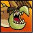 Pixelated animated icon of a green cartoon monster with sharp teeth and red accents, displayed across five sequential frames showing mouth movement against an orange background.