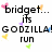 Pixelated text reads 'bridget... its GODZILLA! run' with scattered colored pixel clusters on white background.