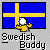 Pixelated image of a yellow cartoon character holding a white ball in front of the Swedish flag with text reading "Swedish Buddy" below.