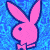 Pink bunny head with bow tie on blue pixelated background, four instances arranged in pattern
