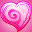 Pixelated pink heart icons with spiral patterns, a cartoon character with purple hair and blue bow, and stylized text on gradient background.
