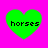Four green heart-shaped icons with the word 'horses' in black pixelated text, arranged on a bright pink background.