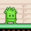 Pixel art green creature with spiky top, two square eyes, and a straight mouth stands on a platform next to height markers.