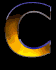 Three vertical of stylized C-shaped icons with gradient orange-yellow fill and blue outline on black background