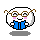 Pixelated circular character with brown glasses, pink cheeks, blue vest, and black outline on gray background.