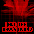 Red pixelated text and floral patterns repeat across a , with partial phrases visible in the lower-right corner