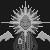 Pixelated grayscale image of a smiling figure with radiating lines, two clouds on either side, and vertical structures below.