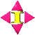 A yellow capital 'I' surrounded by pink diamond-shaped elements on a gray background, with varying configurations