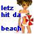 Pixelated static image of a cartoon woman in a bikini holding flowers with blue text reading "letz hit da beach" on the left side.