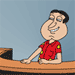 Animated cartoon character in red shirt with yellow buttons, seated at wooden desk against light blue background, showing subtle facial expression changes.