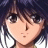 A 48x48 pixel buddy icon featuring a split composition with an anime-style character on the left and text elements on the right against a black background.