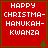 Red square icon with green border displaying "HAPPY CHRISTMA-HANUKAH-KWANZA" text and small green tree symbols at corners.