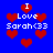 Blue background with red pixelated hearts and white text reading "I Love Sarah<33" in multiple positions.