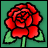 Pixelated red rose with layered petals, green leaves, and stem on solid teal background.