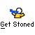 Pixel art character in yellow shirt with white head holding blue object, under text "Get Stoned" across three of icons