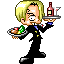Pixel art character with blonde hair in black suit holding two trays, one with food and one with bottle and glass, on gray background.