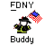 Pixel art icon of a firefighter holding an American flag with text reading 'FONY', 'Buddy', 'Gone but not Forgotten', 'All gave some, some gave all...', and 'Sept 11, 2001' on a gray background.