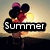 Pixelated image of Mickey and Minnie Mouse holding balloons at sunset with text overlay changing from 'Summer' to 'Swag!' across frames.
