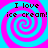 Four identical pixelated spiral patterns with alternating cyan and magenta colors, each containing the text "I love ice cream!" in black blocky font.