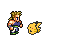 Pixel art character with spiky blonde hair and blue shirt performs a punching motion toward yellow fish-like object, surrounded by white starburst effects.