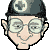 Pixelated cartoon head with round glasses and dark cap, six variations showing eye and mouth changes across frames.