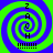 Four identical spiral patterns with alternating green and blue rings, each containing vertical text Z A C H above a of exclamation marks