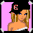 Pixel art contact sheet showing three frames of a cartoon woman in fashion attire with pink background and black border, wearing baseball cap, crop top, skirt, and sandals.