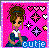 Pixel art buddy icon featuring a cartoon character with brown hair and blue eyes against a pink background, surrounded by hearts and sparkles, with the word "cutie" in blue text at bottom right.