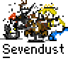 Animated contact sheet showing 16 frames of a pixel art animation featuring cartoon characters and a transforming question mark, with text "Sevendust" beneath each frame on gray background.