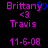 Pixelated text displays 'Brittany' with a blue heart symbol, 'Travis', and '11-6-08' on a black background, with one version showing a heart and the other not.
