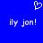 Blue background with white pixelated heart symbol above two identical lines of text reading 'ily jon!' in a retro digital style.