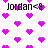 Pixelated icon with repeated text "Jordan<8" and scattered purple hearts on white background.