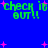 Blue background with green pixelated text 'check it out!!' and scattered pink star shapes.