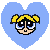 Three pixelated heart-shaped icons each contain a cartoon character with yellow pigtails, black outlines, and distinct facial expressions against light blue backgrounds.