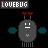 Pixel art icon of a gray bug-like character with red antennae, white eyes, and teal side shapes on black background; text above reads 'LOVEBUG' in mixed pink/white letters.