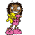 Pixelated cartoon girl with brown skin and curly hair holds yellow teddy bear, wearing pink dress and pink shoes, smiling in three poses.