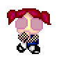 Pixel art of a character with red pigtails, pink cheeks, and checkered black-yellow sleeves in two states: closed eyes on left, open blue-black eyes on right.