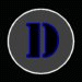 Circular gray icon with blue 'D' symbol rotating through multiple angles on dark background.